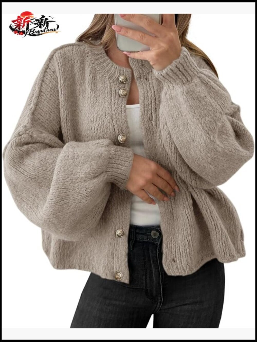 Oversized Button Up Long Lantern Sleeve Chunky Knit Casual Cardigan